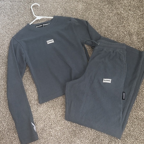 Playboy x Missguided Grey Waffle Crop Top And Joggers Gray Long Sleeve Comfy - Picture 2 of 4